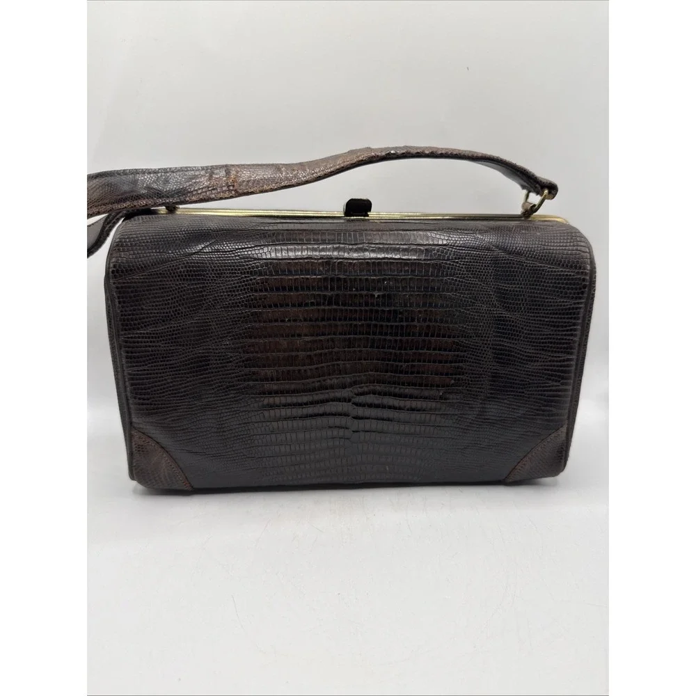 Vintage 1950's Alligator Lizard Brown Hand Bag Purse Gold Accents